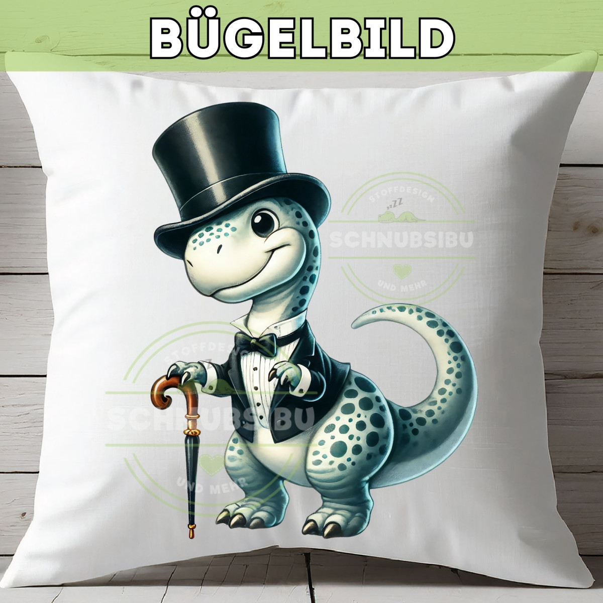 Bügelbild Niedlicher Dino mit Zylinder